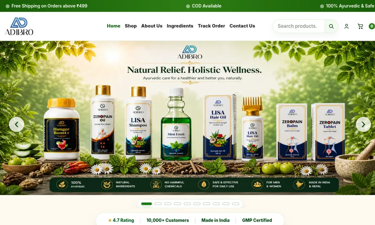 Adibro natural Ayurvedic wellness ecommerce homepage screenshot