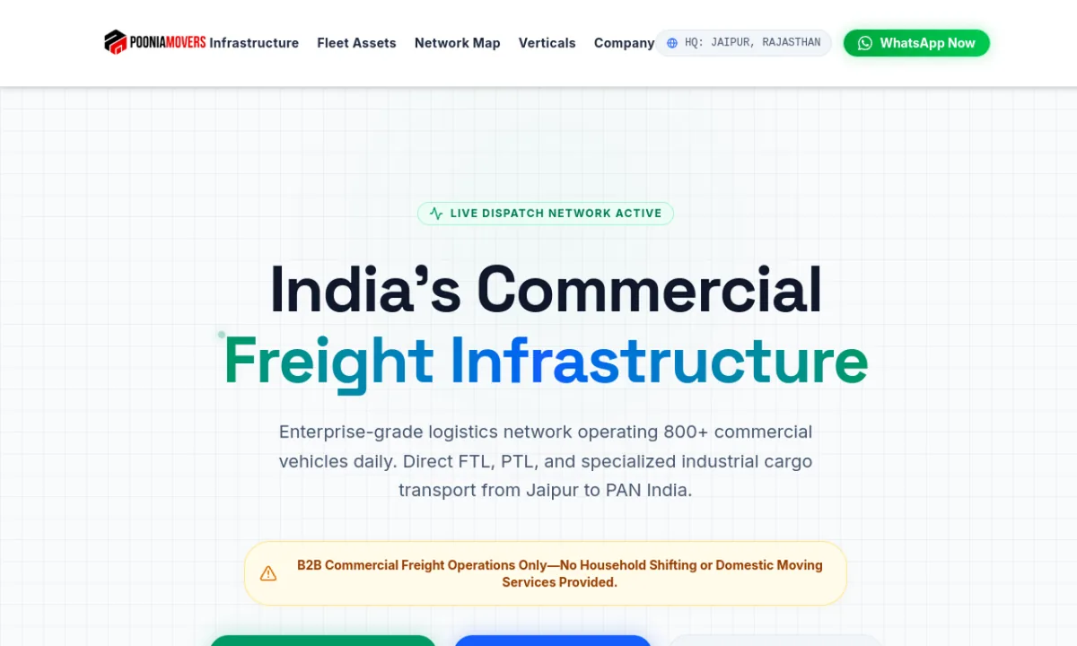 Poonia Movers commercial freight website homepage screenshot